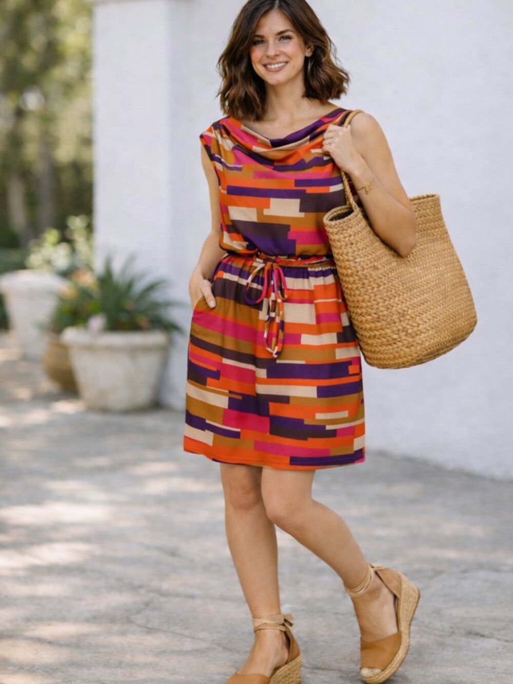 Draped jewel neckline open back colour block bright romper dress with pockets